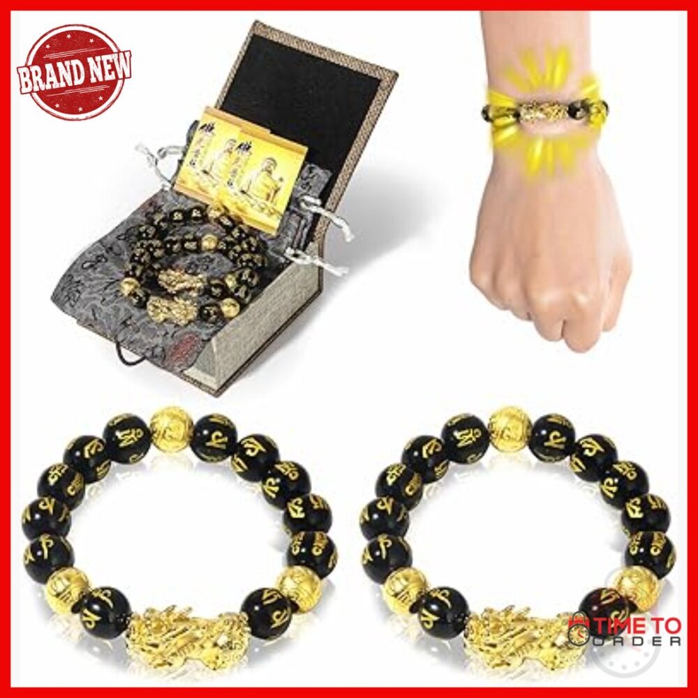 Feng Shui Obsidian Pixiu Bracelet 24K Gold Plated Dragon Protection Wealth Luck